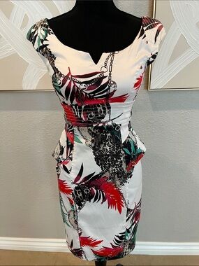 XOXO White Midi Dress with Red, Green & Black Tropical Print